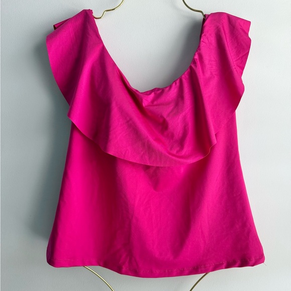 Trina Turk Women's Pink Monaco Ruffled Off-The-Shoulder Tankini Top Size 10
